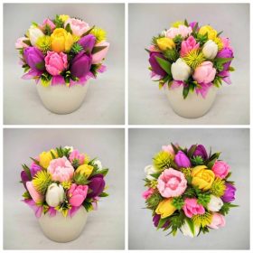   Szappanvirág csokor - Rózsaszín - sárga - vegyes tulipán szappanvirág csokor - fehér kaspóban - 1.