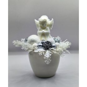   Szappanvirág - Angyalka - ezüst-fehér díszekkel - szappanvirág csokororral - fehér kis kaspóban - 1.