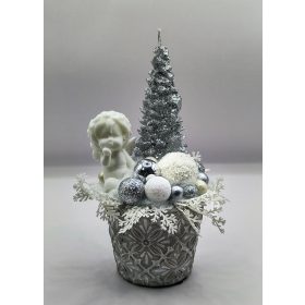   Szappanvirág - Angyalka - ezüst fenyő gyertyával - szappanvirág csokor - kis kőkaspóban - 1.