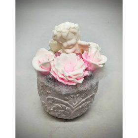   Szappanvirág - Angyalka - rózsaszín-fehér virágokkal - szappanvirág csokororral - fehér kőkaspóban - 3.