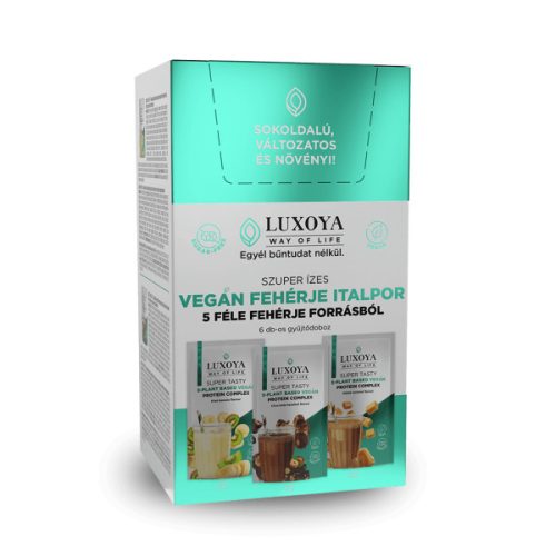 Luxoya - SUPER TASTY 5-PLANT BASED VEGAN PROTEIN COMPLEX - 5 FÉLE NÖVÉNYI FEHÉRJEFORRÁST TARTALMAZÓ VEGÁN FEHÉRJE ITALPOR Gyűjtődoboz (2x3 íz) - 6x30 g