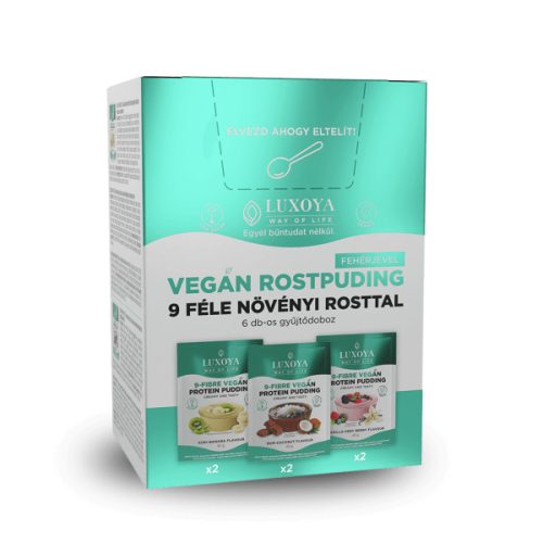 Luxoya - 9-FIBRE VEGAN PROTEIN PUDDING - VEGÁN FEHÉRJÉT TARTALMAZÓ ROSTPUDING 9 FÉLE NÖVÉNYI ROSTTAL - Gyűjtődoboz 6x45 g (2x3 íz)