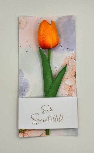 Köszönő ajándék - Narancs színű habtulipán - barackos - virágos kartonon - celofánba csomagolva - Sok szeretettel!