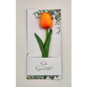 Köszönő ajándék - Narancs színű habtulipán - zöld - virágos kartonon - celofánba csomagolva - Sok szeretettel!   Köszönő ajándék - Narancs színű habtulipán - zöld - virágos kartonon - celofánba csomagolva - Sok szeretettel!