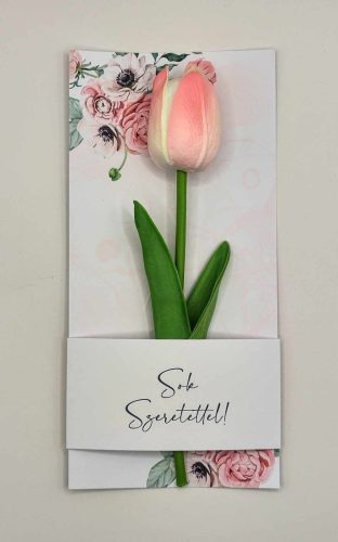 Köszönő ajándék - Rózsaszín színű habtulipán - rózsaszín virágos kartonon - celofánba csomagolva - Sok szeretettel!