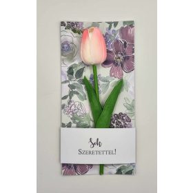 Köszönő ajándék - Rózsaszín színű habtulipán - lila virágos kartonon - celofánba csomagolva - Sok szeretettel!   Köszönő ajándék - Rózsaszín színű habtulipán - lila virágos kartonon - celofánba csomagolva - Sok szeretettel!