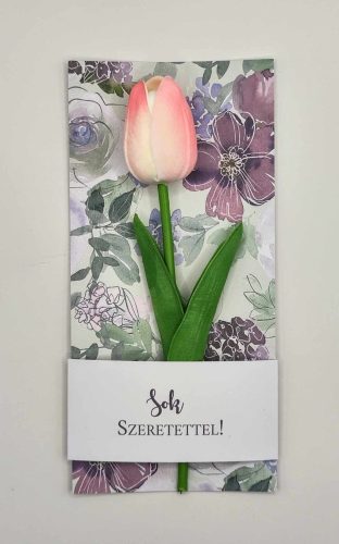 Köszönő ajándék - Rózsaszín színű habtulipán - lila virágos kartonon - celofánba csomagolva - Sok szeretettel!