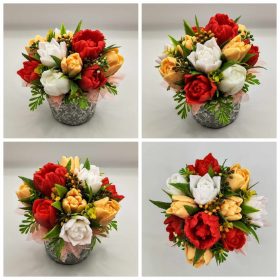   Szappanvirág csokor - Piros-barack-fehér vegyes tulipán szappanvirág csokor - kőkaspóban - 1.