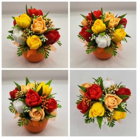   Szappanvirág csokor - Piros-barack-sárga vegyes tulipán szappanvirág csokor - kis narancs kaspóban - 2.