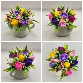   Szappanvirág csokor - Lila-rózsaszín-sárga vegyes tulipán szappanvirág csokor - fehér locsolókanna kaspóban - 5.