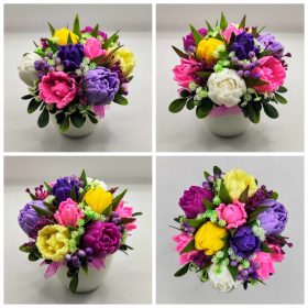   Szappanvirág csokor - Lila-rózsaszín-sárga vegyes tulipán szappanvirág csokor - fehér kis kaspóban - 6.