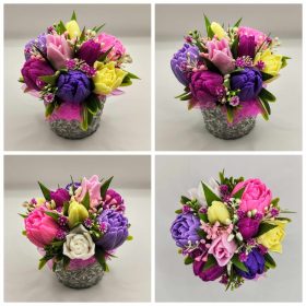   Szappanvirág csokor - Lila-sárga vegyes tulipán szappanvirág csokor - kis kőkaspóban - 7.