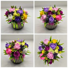   Szappanvirág csokor - Lila-rózsaszín vegyes tulipán szappanvirág csokor - kis beton kaspóban - 8.