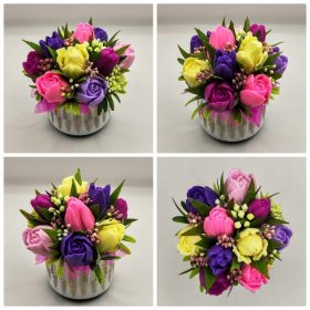   Szappanvirág csokor - Sárga-rózsaszín vegyes tulipán szappanvirág csokor - kis fehér beton kaspóban - 9.