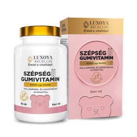 Luxoya - GUMIVITAMIN – BIOTINNAL, COLLAGÉNNEL ÉS ARANYKÖLES KIVONATTAL - Eper ízű - 60db   Luxoya - GUMIVITAMIN – BIOTINNAL, COLLAGÉNNEL ÉS ARANYKÖLES KIVONATTAL - Eper ízű - 60db