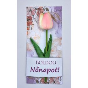   Köszönő ajándék - Rózsaszín színű habtulipán - rózsaszín virágos kartonon - celofánba csomagolva - Boldog nőnapot! -1.