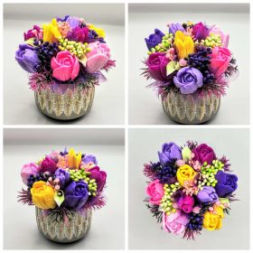   Szappanvirág csokor - Vegyes tulipán szappanvirág csokor - kis toll mintás kaspóban - 2.