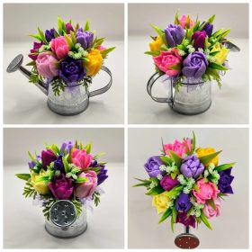   Szappanvirág csokor - Lila vegyes tulipán szappanvirág csokor - ezüst locsolókannában - 7.