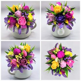   Szappanvirág csokor - Lila-vegyes tulipán szappanvirág csokor - fehér kerámia locsolókannában - 2.