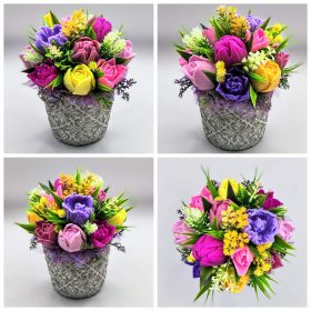   Szappanvirág csokor - Lila-vegyes tulipán szappanvirág csokor - mintás kőkaspóban - 3.