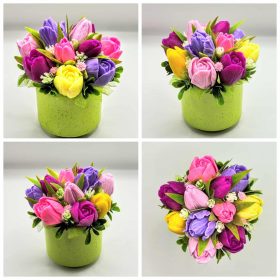   Szappanvirág csokor - Vegyes tulipán szappanvirág csokor - kis zöld kaspóban - 7.