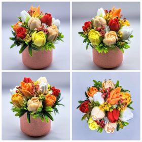   Szappanvirág csokor - Barack-vegyes tulipán szappanvirág csokor - barack henger kerámia kaspóban - 6.