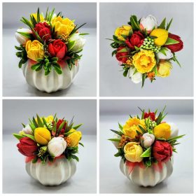   Szappanvirág csokor - Vegyes tulipán szappanvirág csokor - fehér tök kaspóban - 4.