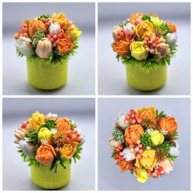   Szappanvirág csokor - Barack-vegyes tulipán szappanvirág csokor - sárga henger kerámia kaspóban - 9.