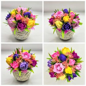   Szappanvirág csokor - Vegyes tulipán szappanvirág csokor - fehér kőkaspóban - 9.