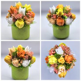   Szappanvirág csokor - Barack-vegyes tulipán szappanvirág csokor - zöld henger kerámia kaspóban - 7.