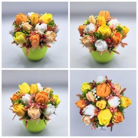   Szappanvirág csokor - Barack-vegyes tulipán szappanvirág csokor - zöld kerámia kaspóban - 11.