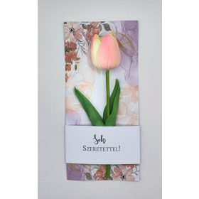   Köszönő ajándék - Rózsaszín színű habtulipán - pasztell virágos kartonon - celofánba csomagolva - Sok szeretettel! - 1.