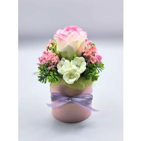   Szappanvirág csokor - Mini - Cirmos rózsaszín - Fehér szappanrózsa - szappanvirág csokor - rózsaszín henger dobozban - 1.